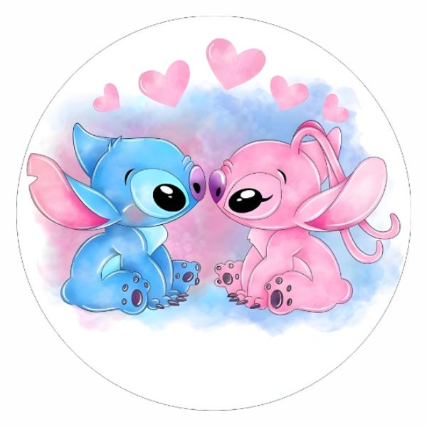 Painel Tecido Redondo Stitch e Angel 